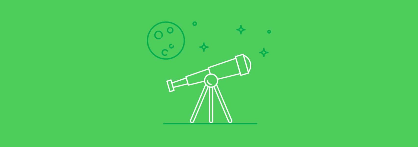A minimalist green line drawing of a telescope on a green background.