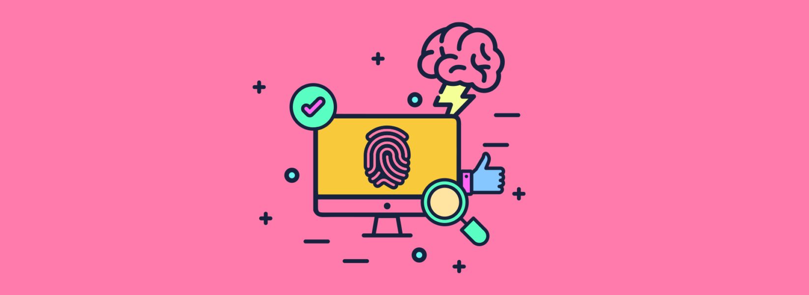 Computer and fingerprint on pink background. Reach out to Viabrand® for business name success.