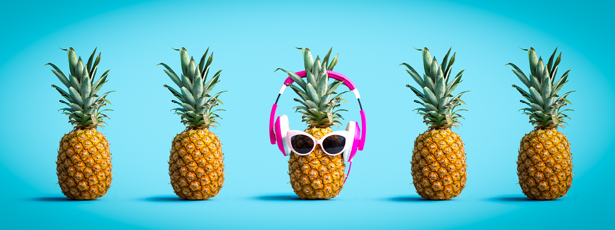 A fun image of pineapples wearing sunglasses and a pink hat. Small Business owners, decide between rebranding and brand refresh for sustained growth.