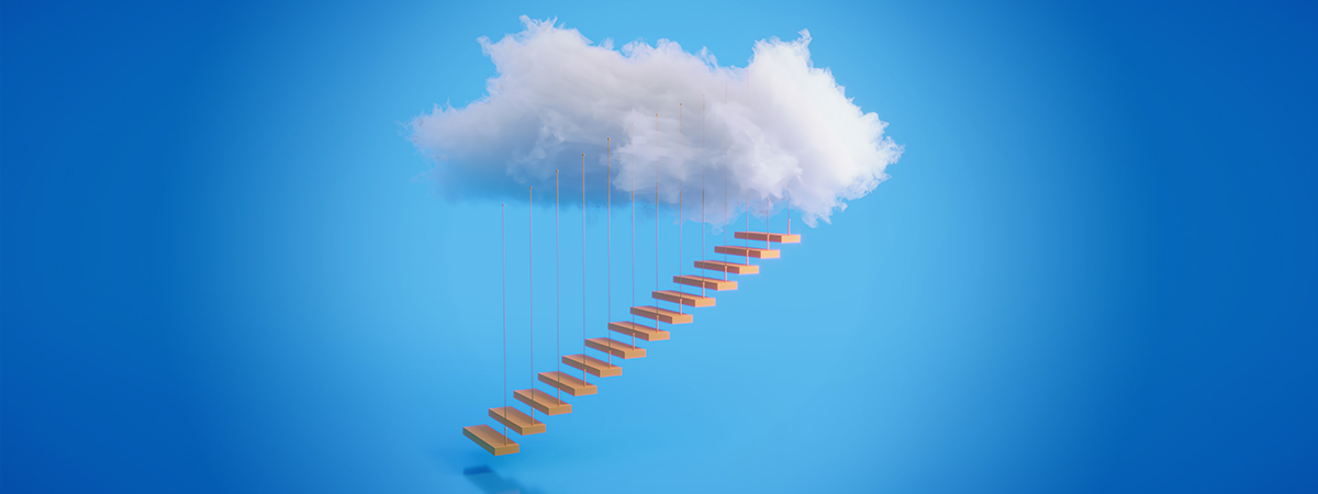 Cloud computing concept with stairs leading to a cloud. Build brand equity with Viabrand® for financial rewards.